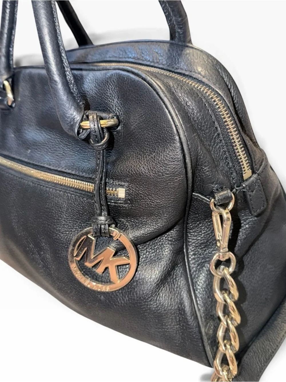 Michael Kors Black Leather Satchel with Gold MK Charm